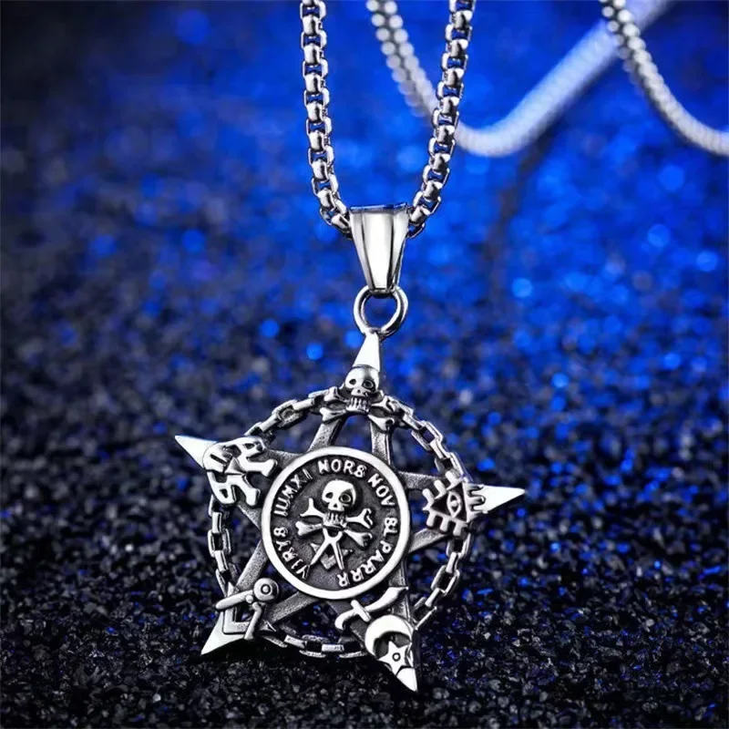 Retro Gothic Witchcraft Pentagram Pirates of The Caribbean Skull Pendant Necklace Men's Fashion Punk Trend Cool Jewelry