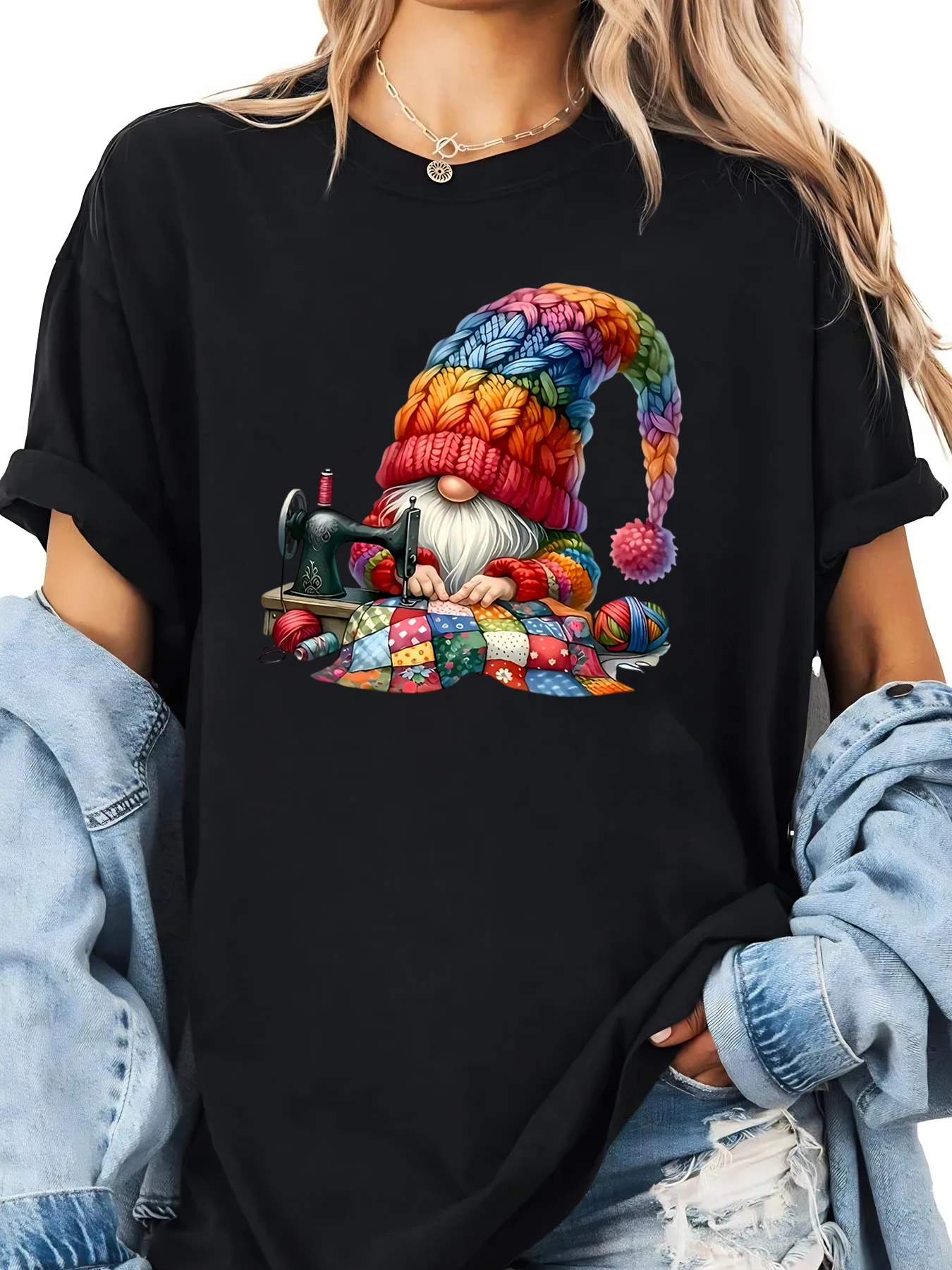 Gnome Sewing Quilt Pattern Christmas T-Shirt Women Casual Wear Black Plus-size
