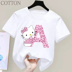 Hello Kitty Letter A-Z Children's Cotton Short-sleeved Top Sanrio Summer T-shirt Girly Heart Soft Clothes Kawaii Birthday Gift