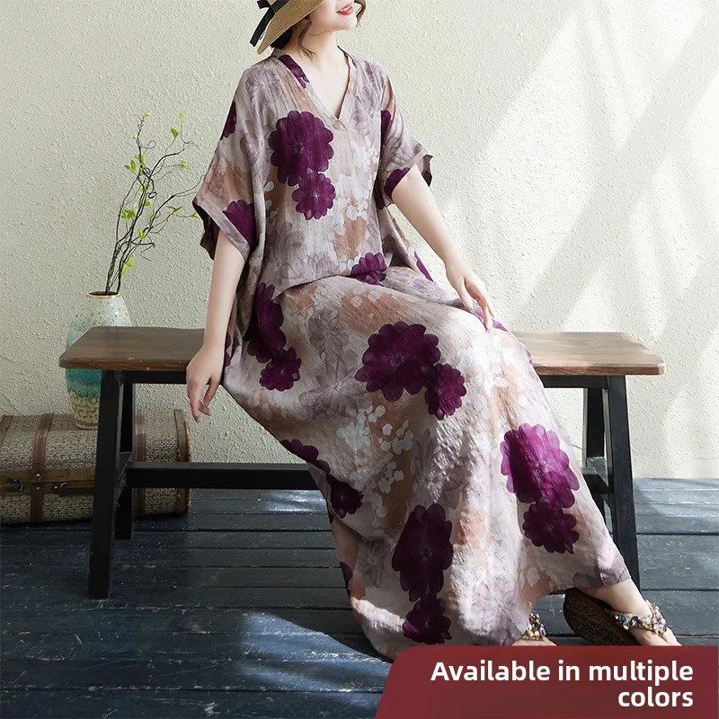 

V-Ne Long Sve Loose Fit Cotton Linen Beach Dr Vintage Cover up Summer Casual Wear ort Sve Maxi Dr