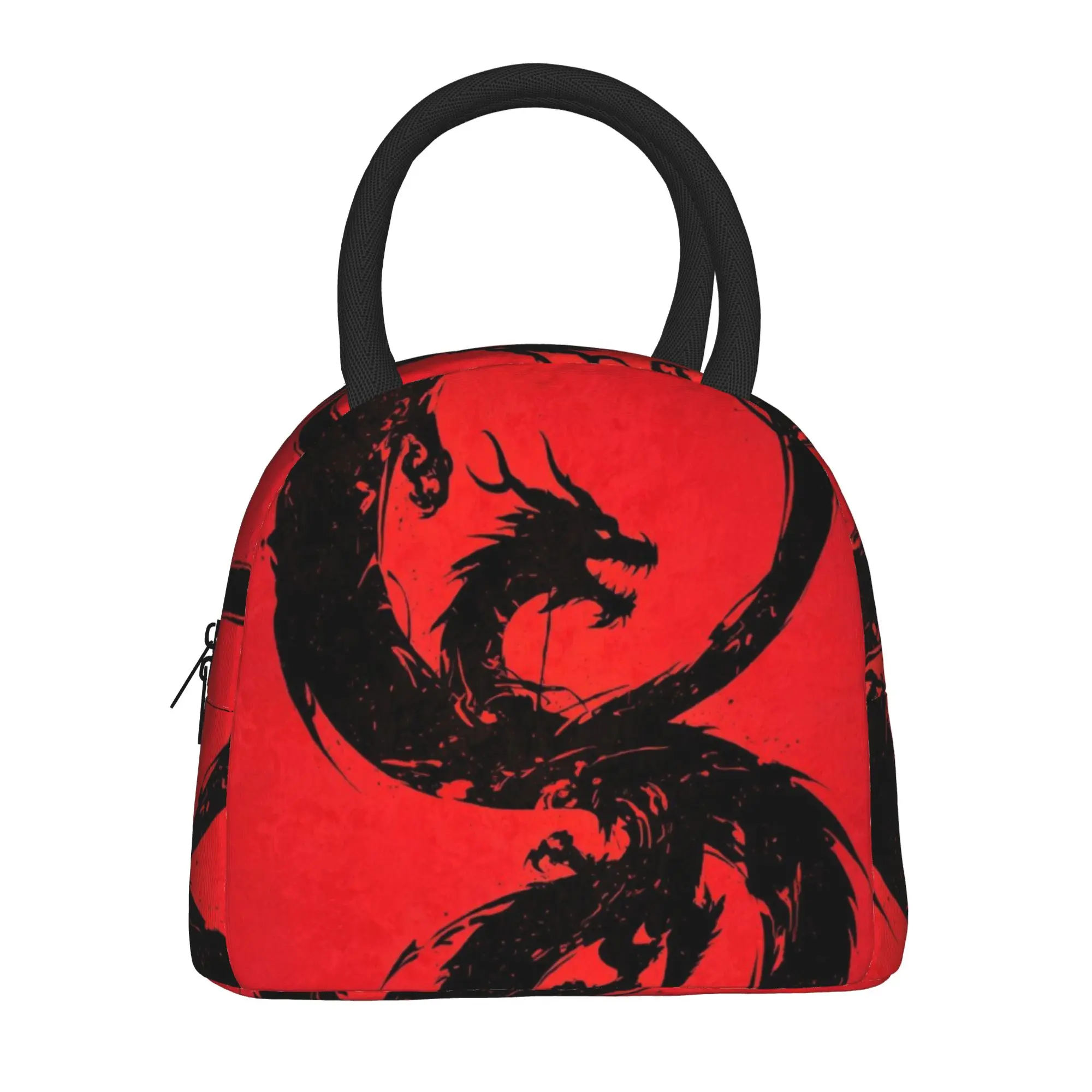 Back to school season  Meal Bag Red Background Black Dragon Art Kawaii Casual Multi-Function Heat Preservation Lunch Bag