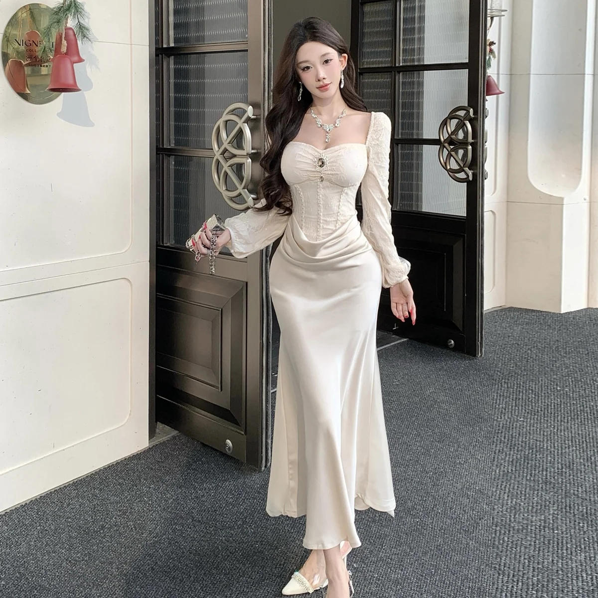 

Princ Sle Lace Insert Lantern Sve Evening Gown Sexy Wrap Body Fi Tail Skirt Long Sve Slim Fit Winter D...