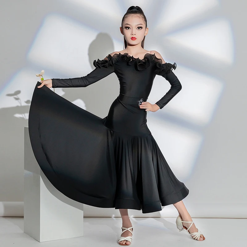 Fashion Ballroom Dance Competition Dresses Girls Black Ruffled Latin Top Long Skirt Kids Stage Modern Dancing Clothes SL9105