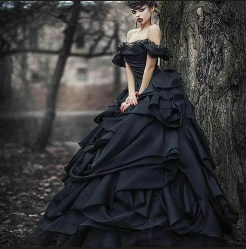 Black Gothic Wedding Dresses Ball Gown Off The Shoulder Ruffles Vintage Wedding Gown Bridal Dresses Vestidos De Novia