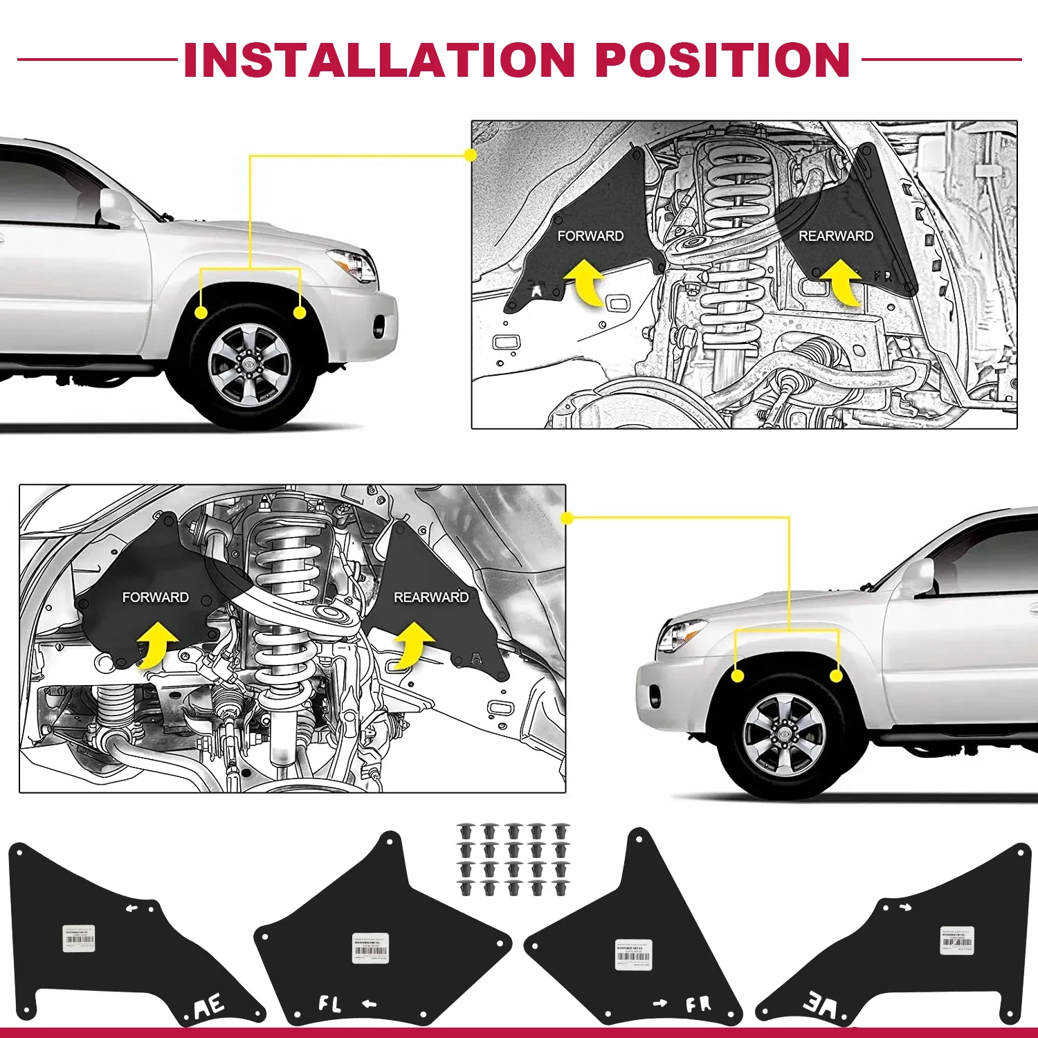 Mud Flaps Inner Fender Liners para Toyota Land Cruiser Prado 03-20, Splash Guards Escudo de Selo com Pneu Pisado, Profundidade Gauge Ferramenta