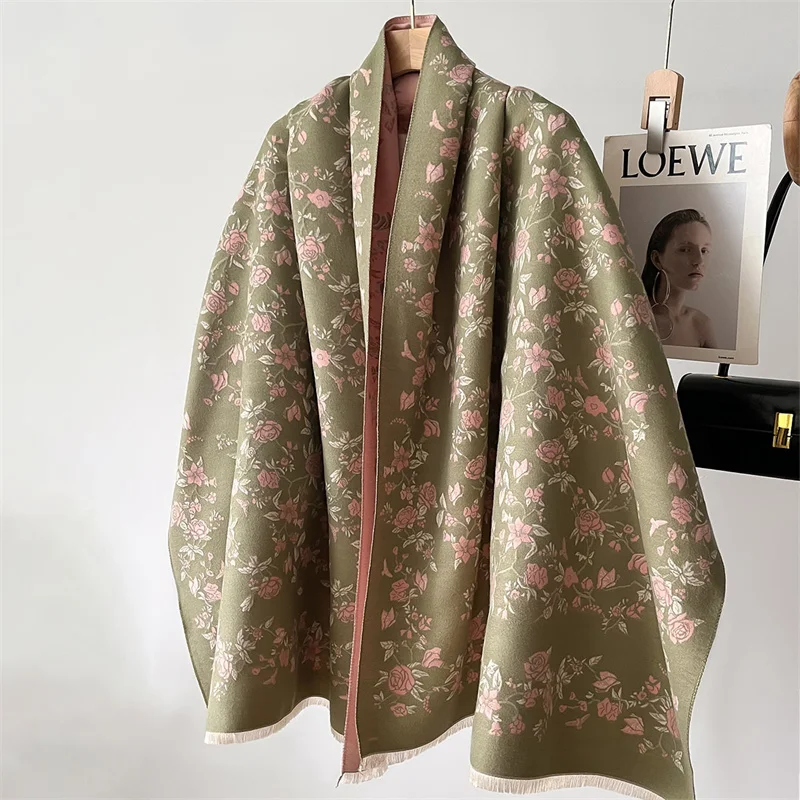 Elegant small floral double-sided scarf ladies autumn and winter small chinese-style printed imitation cashmere shawl thickened