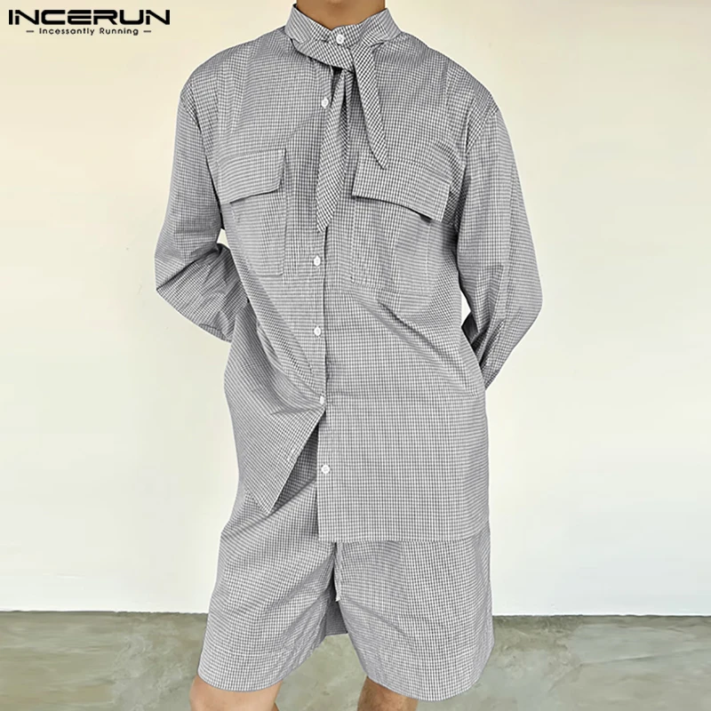

INCERUN Модные мужские комплекты, клетчатая рубашка с воротником-стойкой и длинными рукавами и шорты, комплекты из двух предметов, уличная одежда, 2025 г., мужские повседневные костюмы, S-5XL