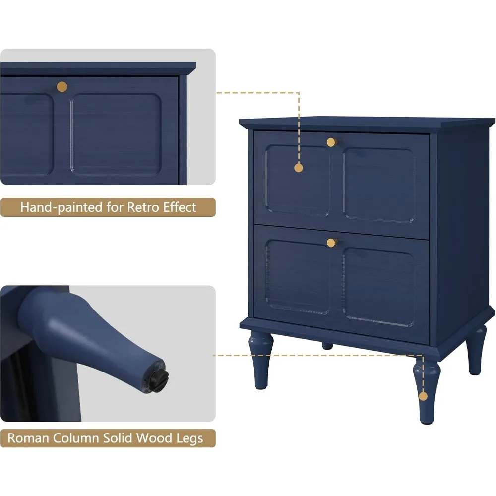 Par de mesitas de noche modernas de mediados de siglo, cajones de almacenamiento, patas de madera maciza, mesa auxiliar de madera, manijas de metal dorado, muebles de dormitorio elegantes