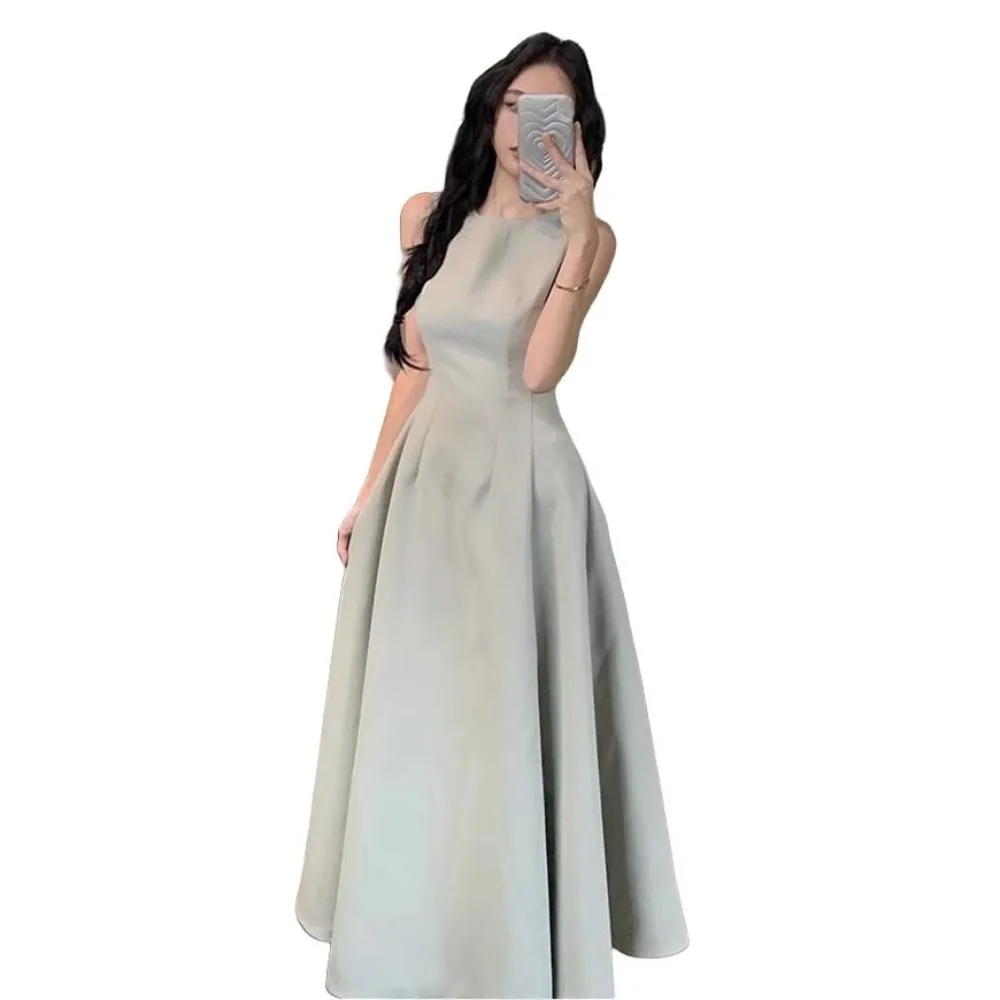 

U Neck Sleeveless Long Dress Temperament Sleeveless Vest Solid Color Long Skirt Long A-line Women Korean Dress Wedding