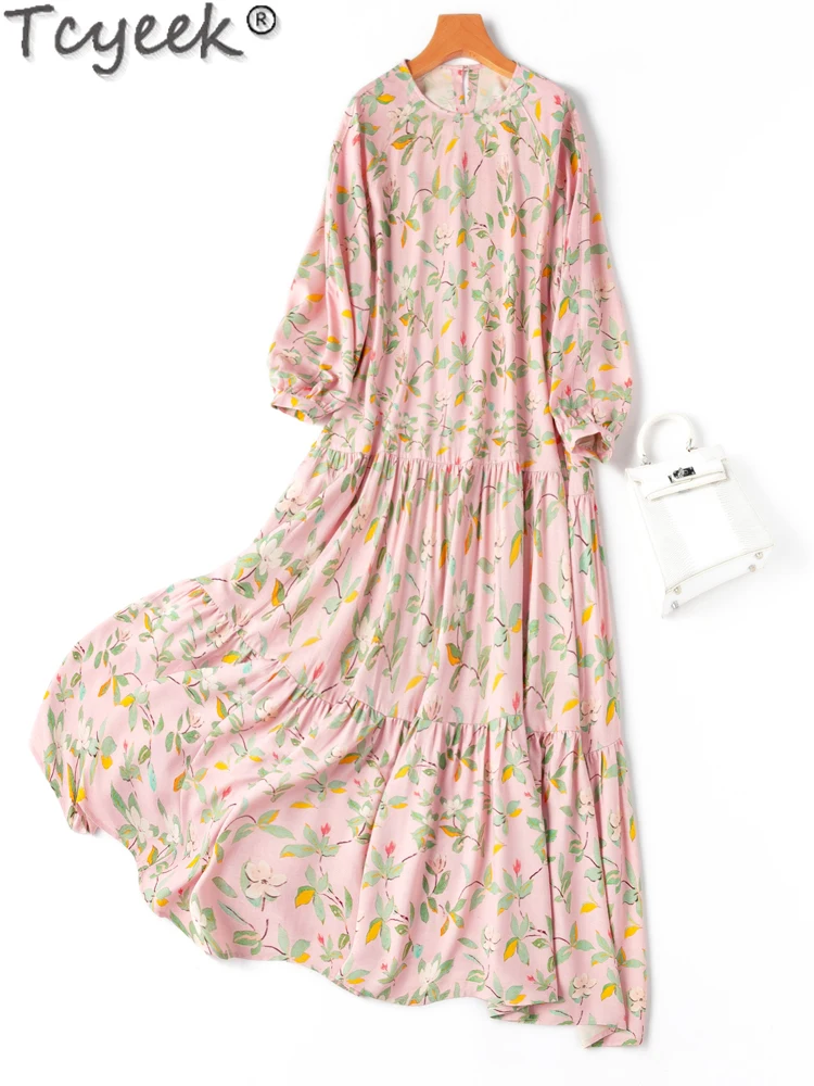 

Tcyeek 70% Mulberry Silk Long Dress Print Spring Summer Women's Dresses Pretty and Elegant Dresses Long Sleeve Vestidos De Mujer