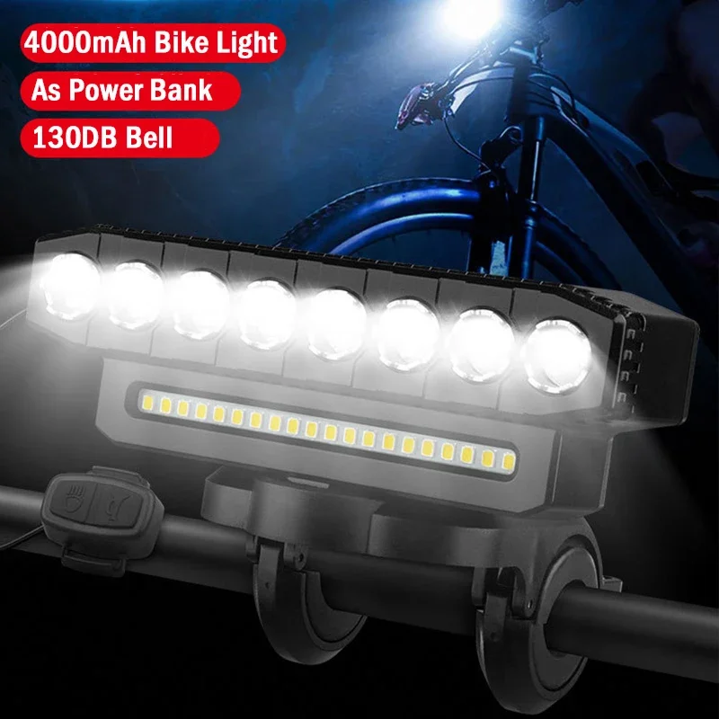 4000mAh Bike Front Bicycle Lights Front Road Bike Headlight With 130DB Bell Bicycle Accessories Cycling Equipment As Power Bank