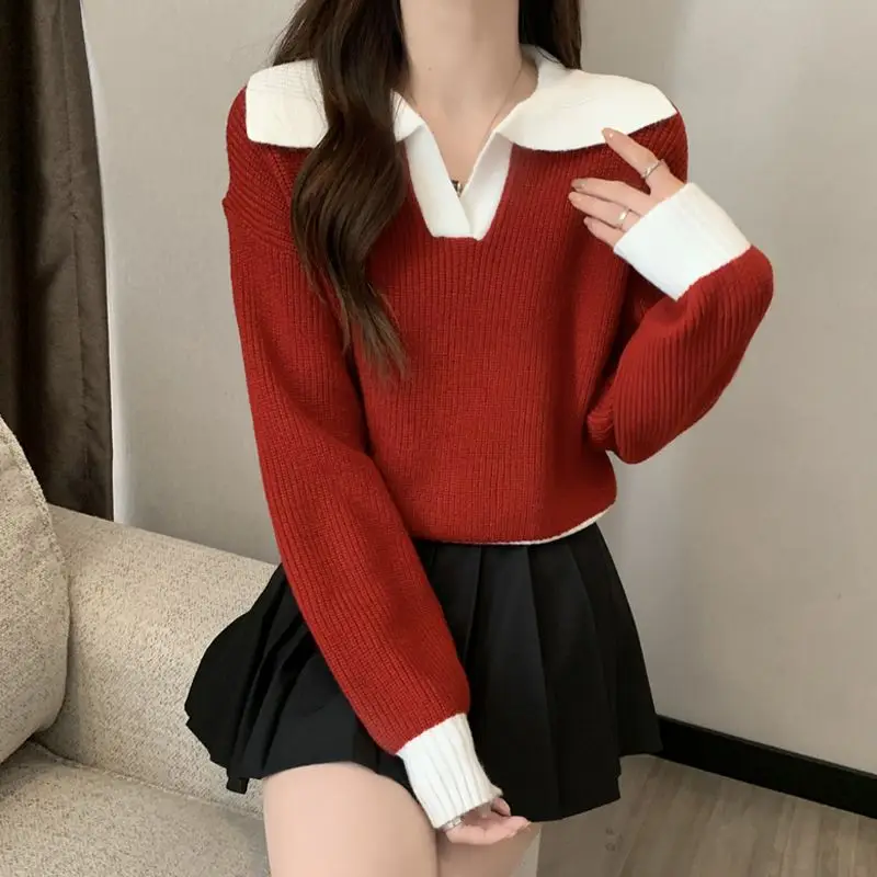 Contrasting Colors Polo-Neck Knitwear Women Autumn Winter Loose Red Long Sleeve Sweater Casual All-match Trend Knitting Tops