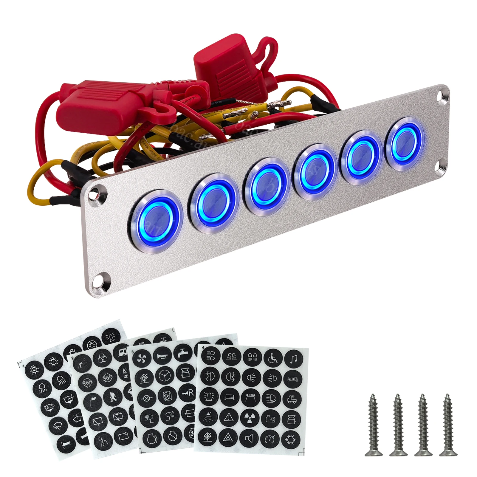 6 Gang Marine Switch Panel Waterproof LED Rocker Switches Pre-Wired Fuse Holder 15A for Boat RV Yacht Truck SUV Stainless Steel