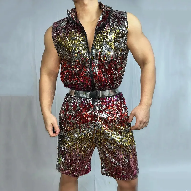 

Men's Hip Hop Jazz Dance Costume Colorful Sequins Loose Zipper Jumpsuit Overalls Bar DJ Dancer Singer Stage Performance Clothes