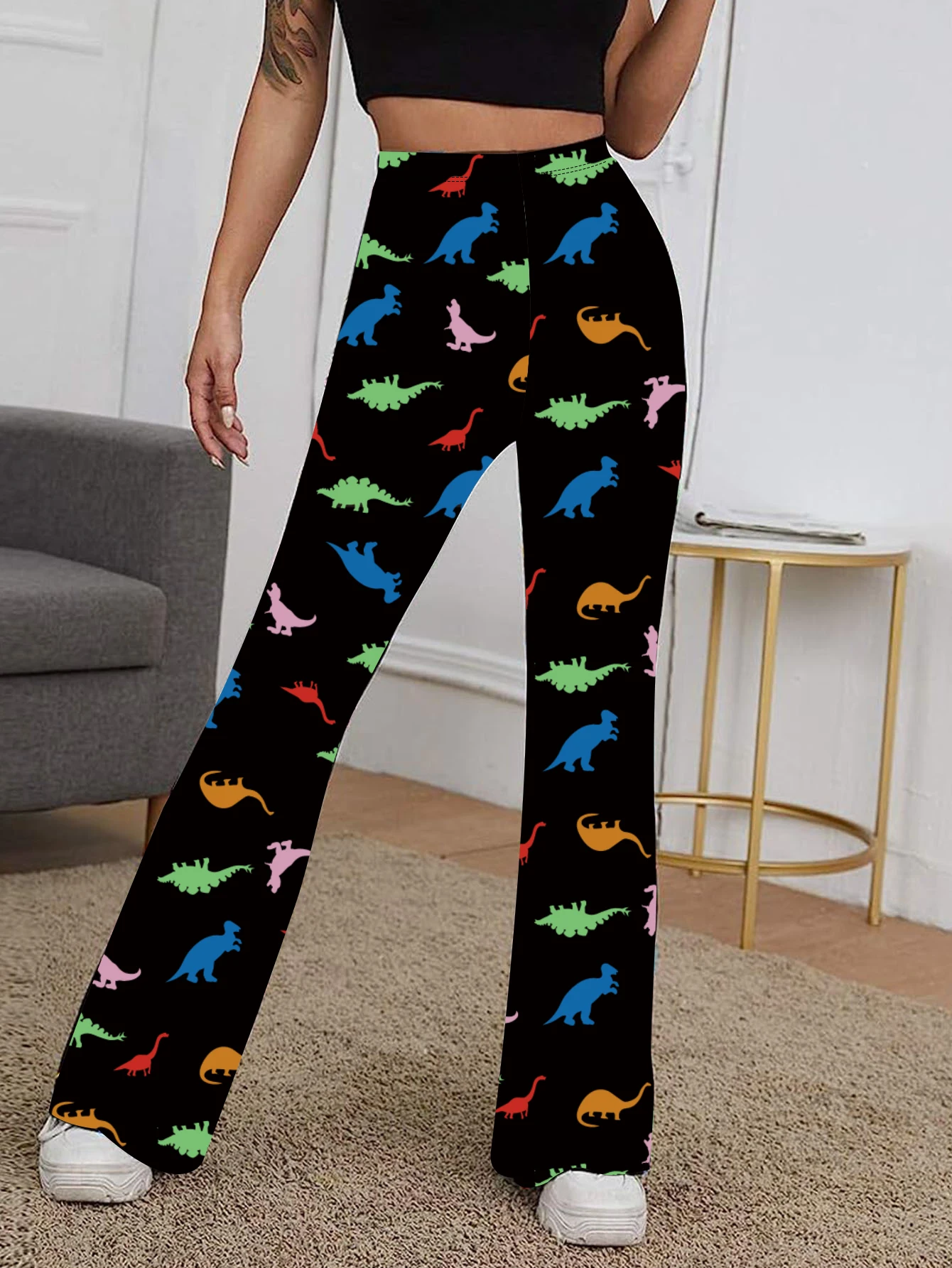 

Long flared pants, new dinosaur printed high waisted high elastic women's pants, Y2K street style high elastic