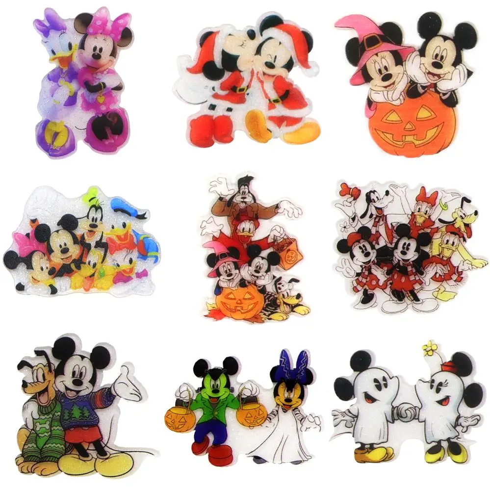 Disney Mickey Minnie 5pcs Planar Resin Flatback Glitter Claer Acrylic Craft Supplies Cabochon Scrapbook DIY Hair Bow Material