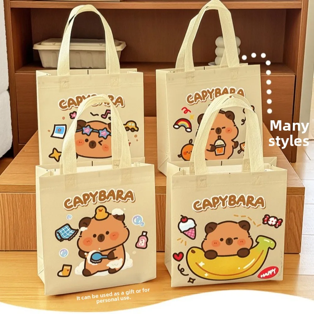 Cute Non-woven Capybara Tote Bag Reuse Portable Packaging Bags Shopping HandBag Capybara Print Canvas Bag