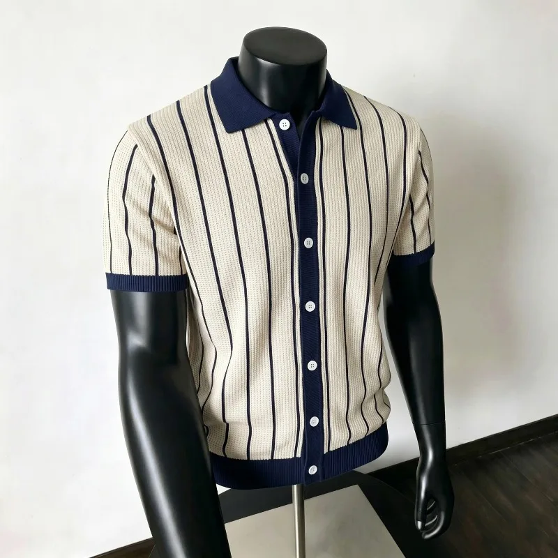 UNITIM Summer Man Polo Shirt Korean Striped Short Sleeve Male Top Turn Down Collar Single-breasted Business Casual Men T-shirt