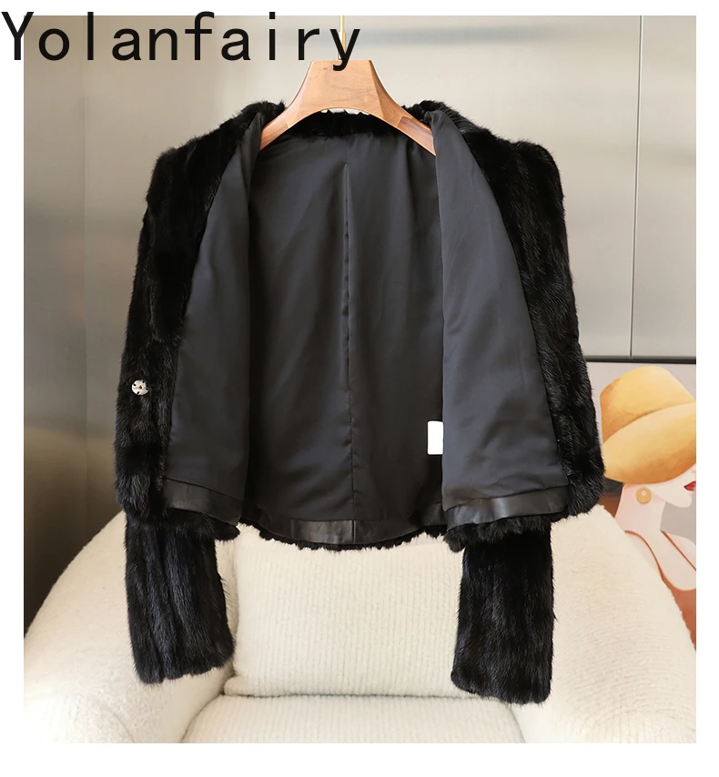 YOLANFAIRY جديد جودة عالية الربط قطع من سترات فرو المنك للمرأة دعوى طوق كم طويل معطف الفرو الحقيقي سترة قصيرة الفراء