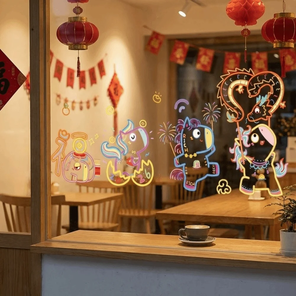 Pony Design Static Cling Window Stickers Static Cling Removable Window Decals New Year Theme Wall Decals Shopping Mall Window