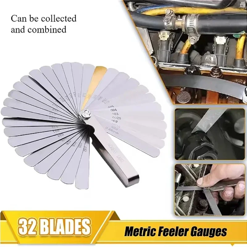 

32-компонентный толкатель с латунным инструментом для измерения зазоров, метрическая вилка толщины, линейка, диапазон 0,04 мм-0,88 мм, медная пластина размера зазора