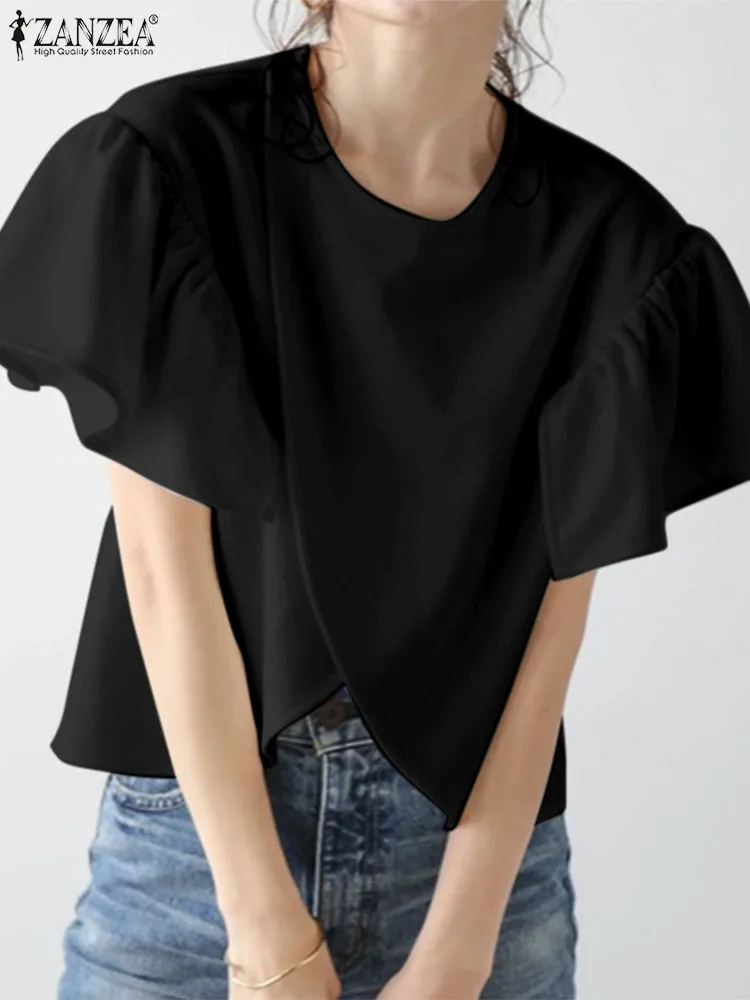 

ZANZEA Women Ruffled Short Sleeve Tees Fashion Asymmetrical Simple Tops 2024 Summer Round Neck Tunics Casual Loose Solid Blouses