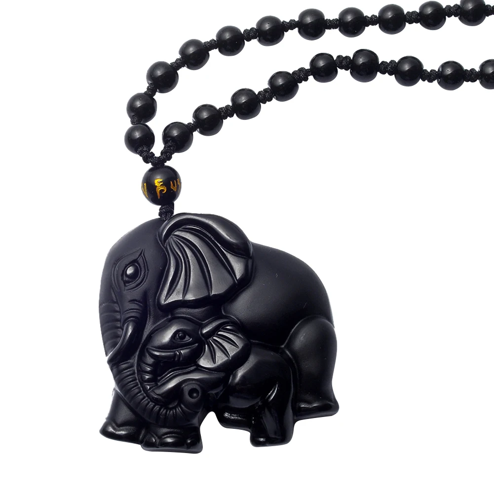 Natural Black Obsidian Hand Carved Cute Elephant Lucky Pendant Beads Necklace