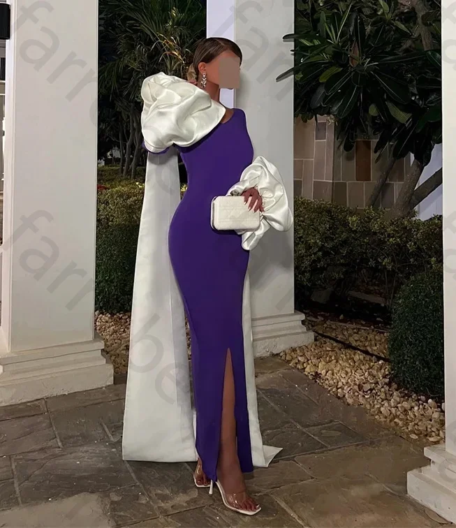 Robes De Soirée violettes élégantes personnalisées, châle blanc, Robe De bal formelle arabe, col en V, manches bouffantes