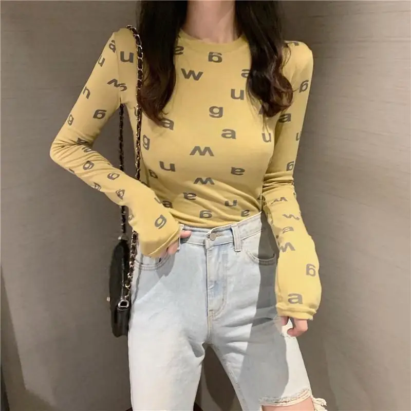 Spring Autumn New Fashion Pure Cotton Printing Letter T-Shirts Women\'s Clothing Round Neck Long Sleeve Pullovers Korean Thin Top