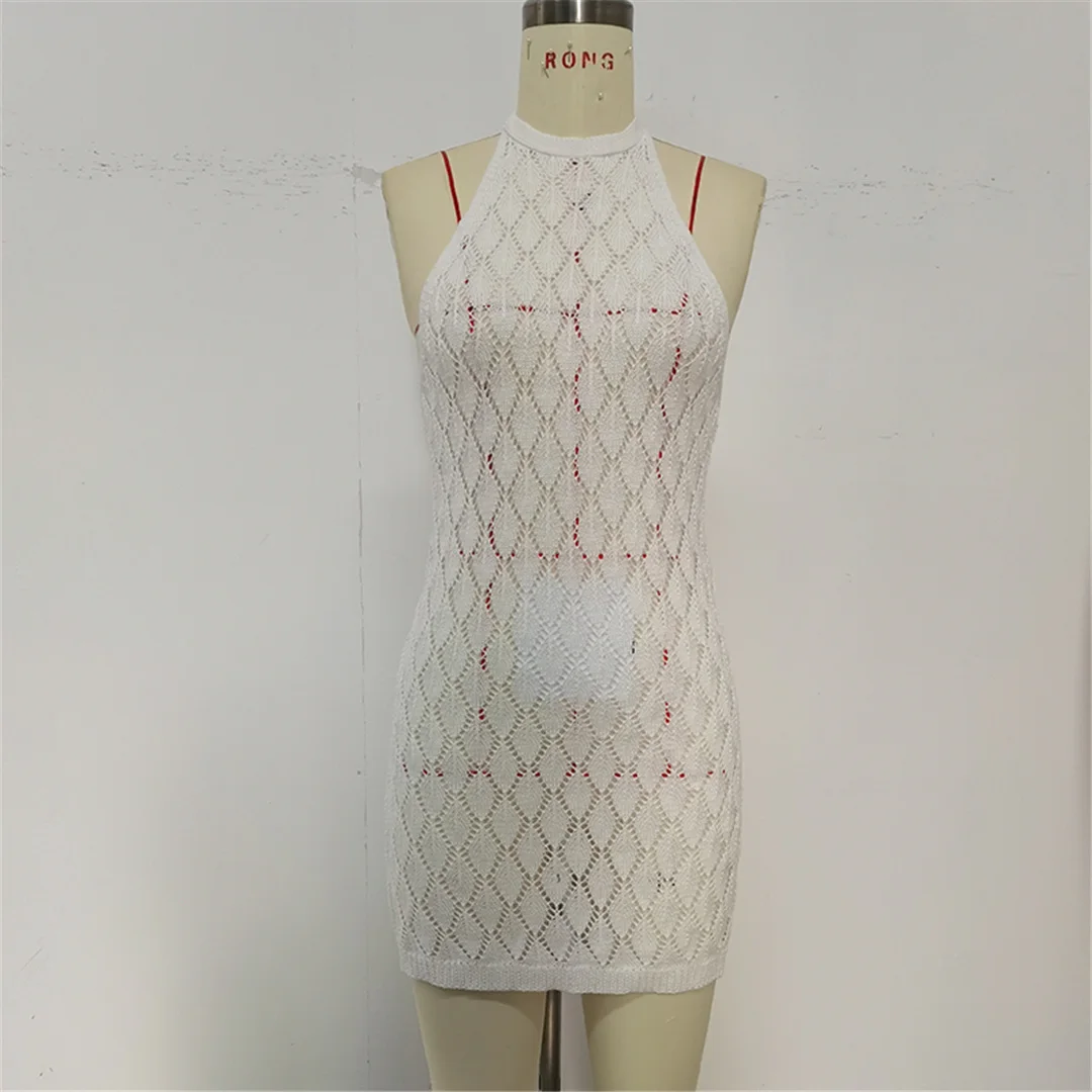 Rückenfreies, ausgeschnittenes, gehäkeltes, gestricktes Tunika-Strandkleid, Strandkleidung, Strandüberwurf, Cover-up, Damen V7220 – Detail 14