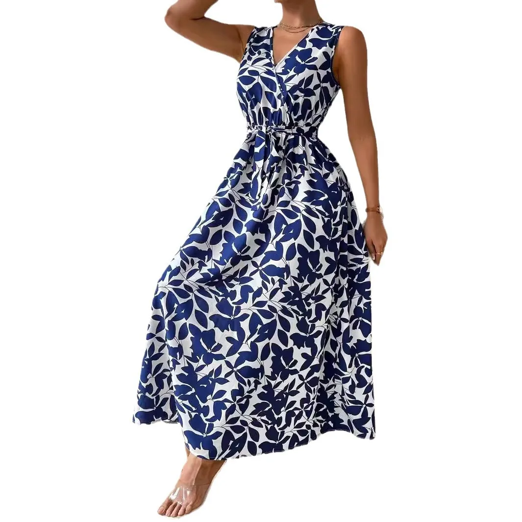 

2025 Dress Women Elegant Fashion Beautiful Women's Dresses Party New Vacation Style Floral Print V-Neck Tie Waist Maxi Dress