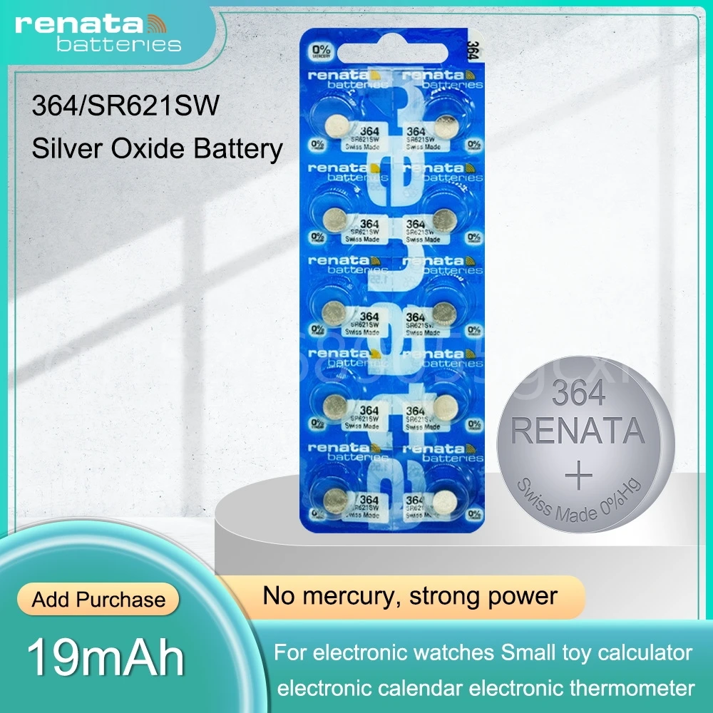 Original Brand New Renata 364 SR621SW AG1 LR60 GP364 164 EE6202 1.55V Silver Oxide Battery for LED Watch Calculator Toys