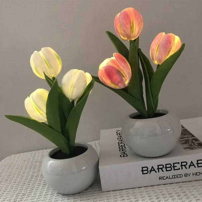 Rechargeable LED Bedside Warm Night Light Simulation Tulip Night Light Indoor Bouquet Decoration Atmosphere Light