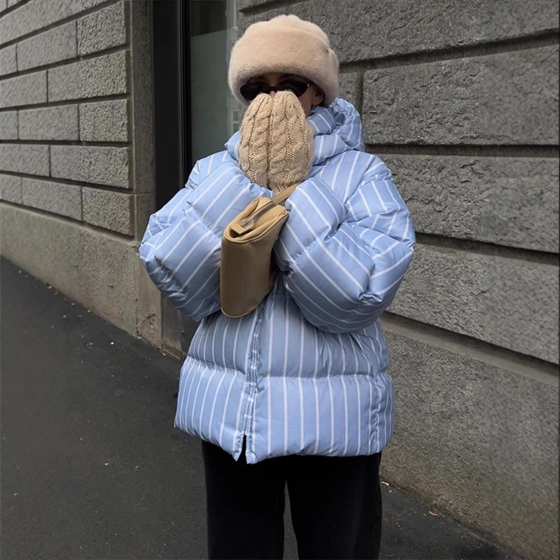 

2025 Hot Selling Winter Loose Casual Detachable Hat Stand Collar Hooded Striped Cotton Jacket for Women