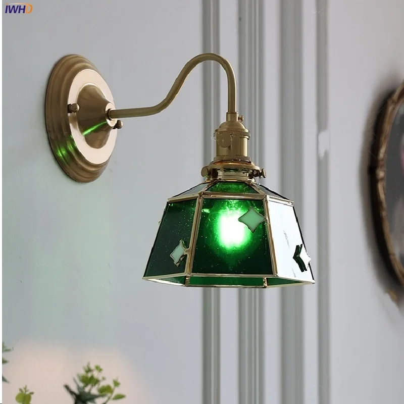 

IWHD Green Glass LED Wall Lamp Sconce Bedroom Hallway Restaurant Copper Knob Switch Vintage Loft Stair Light Fixtures Wandlamp