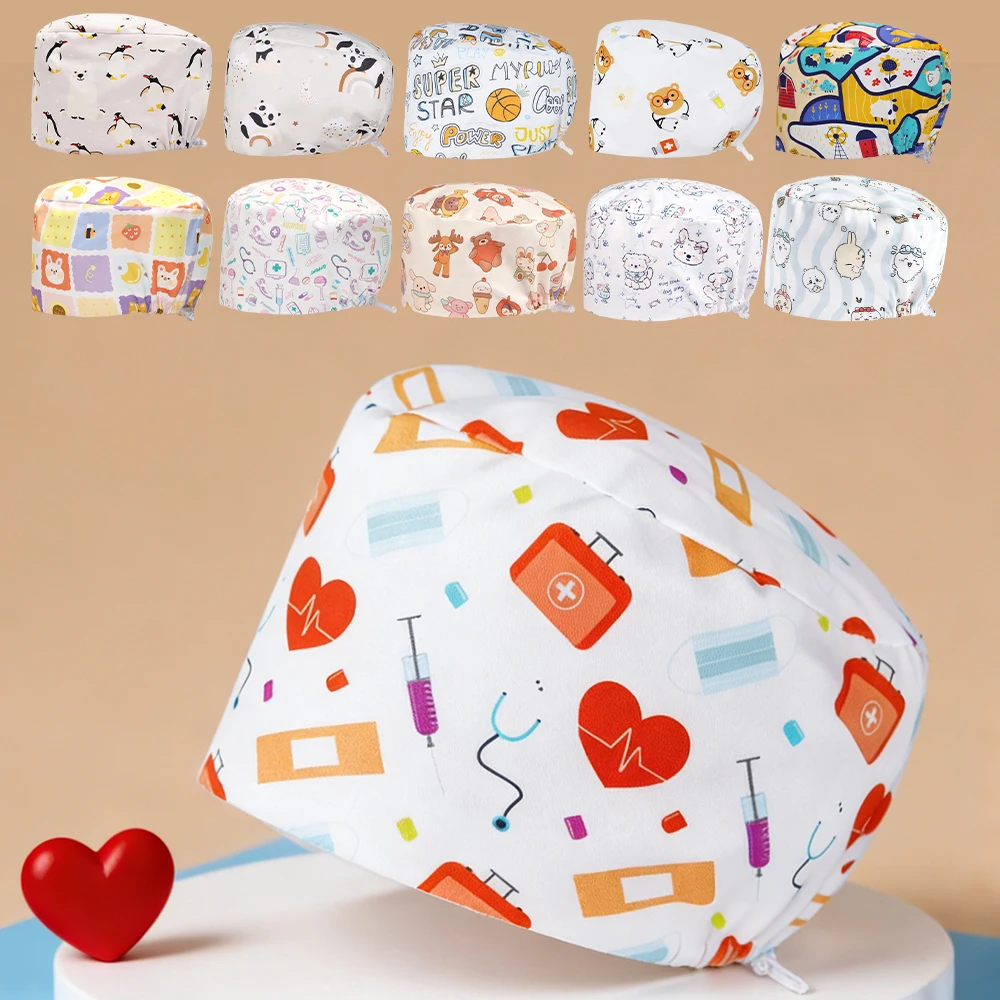 Aesthetic Scrub Cap Women Dentist Nursing Hat Thick Cotton Fabric Long Hair Breathable Medical Caps K1053