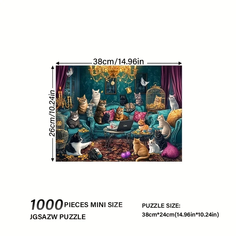 Puzzle per adulti da 1000 pezzi: mini puzzle rettangolare infernale difficile (38X26 cm/14,96X10,24 pollici), con gatti e dorati di lusso