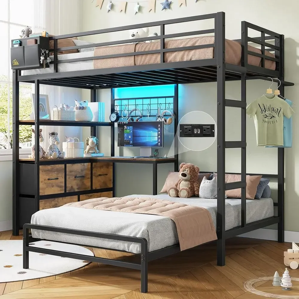 L-Shaped Desk Twin XL Over Twin Bunk Bed with Storage, LED Lights, Charging Station, and Safety Guardrail in Black