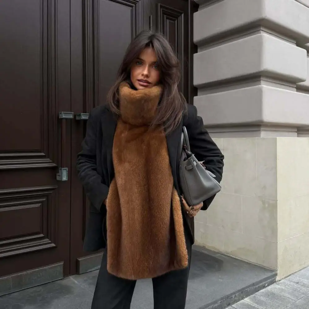 Women's Solid Color High Neck Eco-Friendly Faux Fur Vest European & American Style Side Slit Comfortable Ropa Mujer