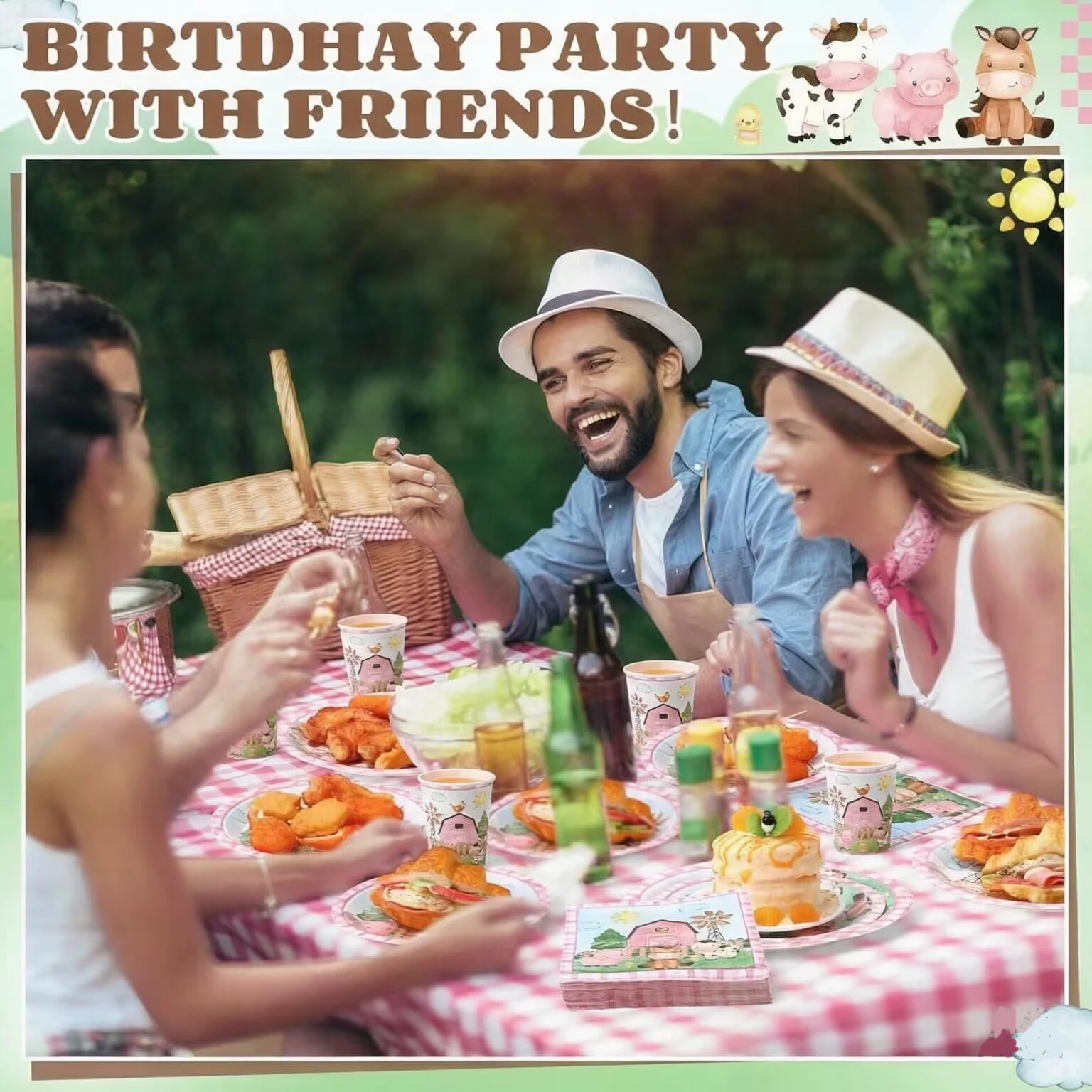 Neues Rosa Bauernhof-Tier Themen-Einweggeschirr, Pappbecher, Teller, Servietten, Tischdecken, Kindergeburtstags-Partyzubehör – Detail 12