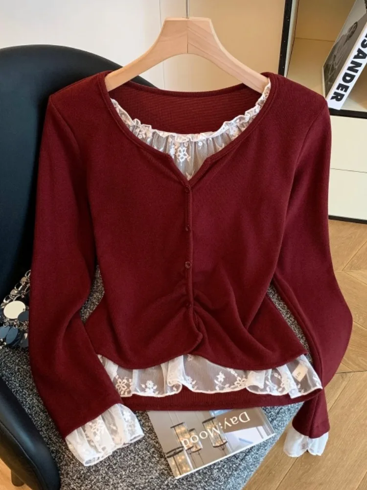 

Long Sve Knitted Lace Splicing Fake Two-Piece Top Women's Autumn New Design ort Sle Korean Version Slim Fit Camere S...