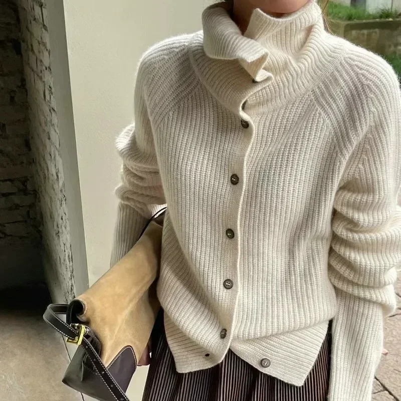 Turtleneck Cardigan Ladies sweater Autumn and winter loose thickened cashmere base sweater knitted  coat tide