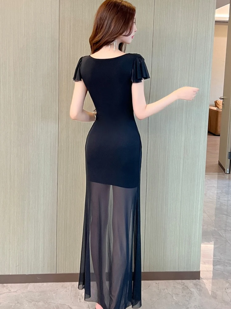 Sukienka damska długa, seksowna, z czarnej siateczki, z nowymi fioletowymi cekinami, patchworkowa, elegancka, w stylu Hepburn, na studniówkę, letnia, koreańska, obcisła, na imprezę, 2025