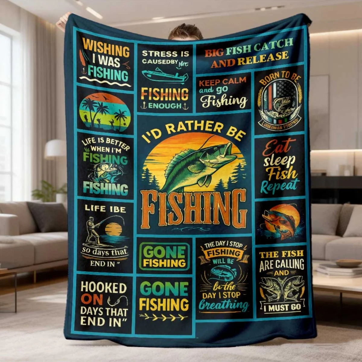 2026 New Arrival Flannel Blanket Funny Fishingthemed Flannel Blanket I'D Rather Be Fishing Design with Fish & Tackle Graphics, P