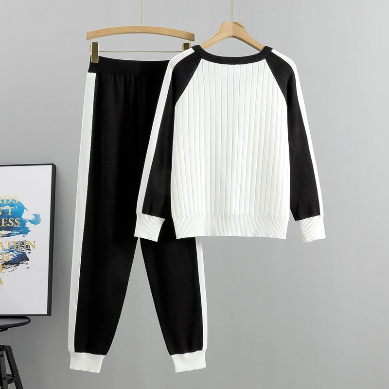 Casual Two-Piece Sweater Cardigan Jacket 2023 Autumn New Womens Knitted Suit Fashion Baseball Sports Zip Top And Pants Set