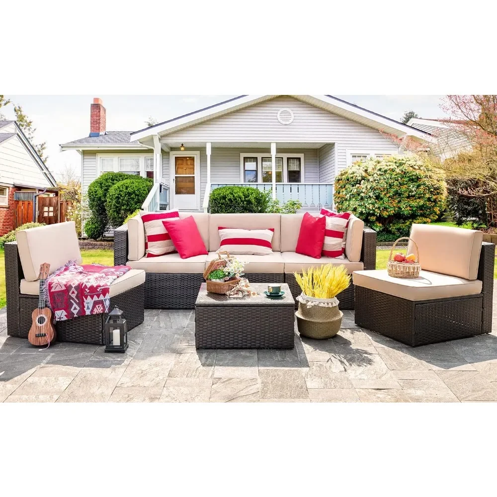 6 Piece Small Patio Furniture Sets,All Weather PE Wicker Rattan Sectional Sofa with Glass Table,Cushions and Red Pillows,(Beige)