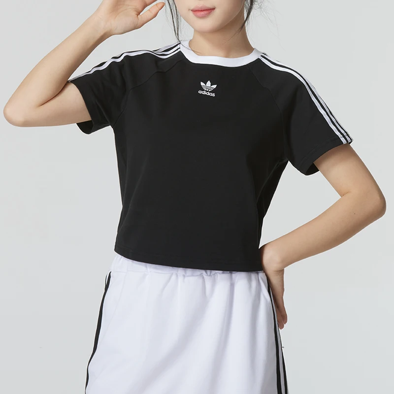 Adidas Originals Women's JC8703 short cotton crew neck T-shirt with letter embroidery, color-block stripes, and a comfy slim fit