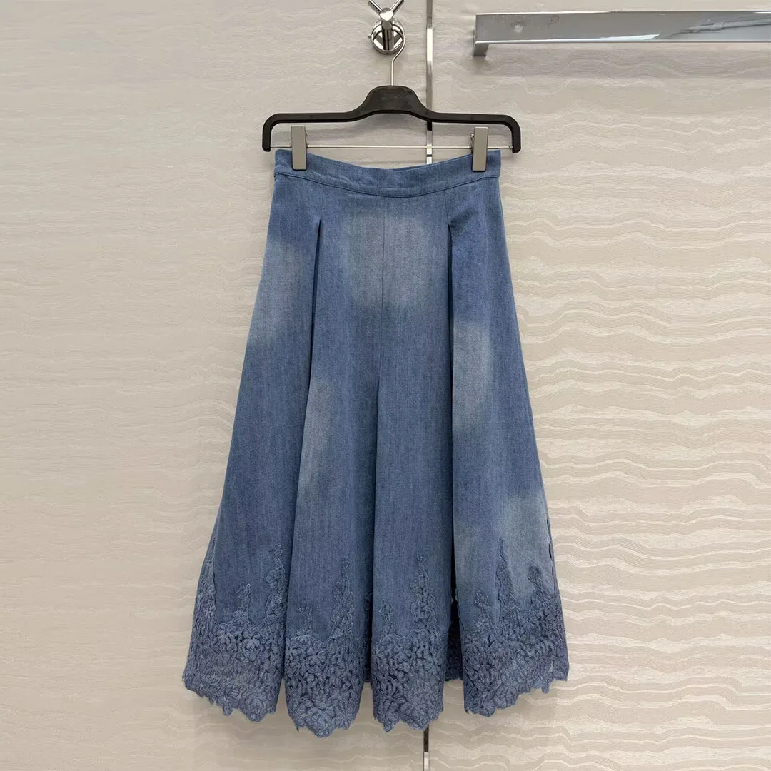 2026 New Spring Fashion Vintage Bue Denim Long Skirts Womens High Waist Lace Embroidery Pleated Loose Sweet Skirt