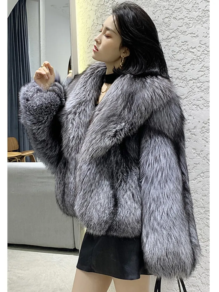 

Fluffy Jacket Women 2023 Winter Thick Warm Lapel Silver Fox Faux Fur Coat Elegant Lady Street Outerwear