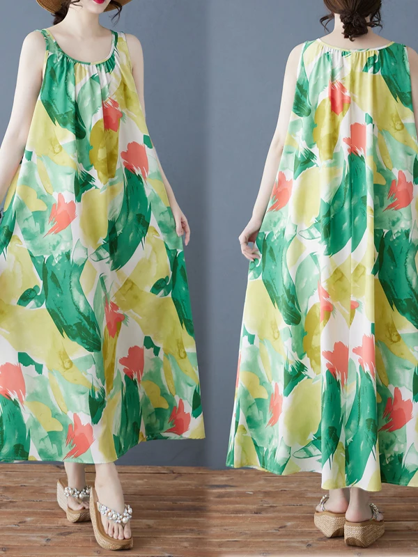 Vestido Midi de Gasa Estampado de Talla Grande a la Moda, Estilo Outlet, Falda Acampanada Transpirable y Suave al Tacto, Novedad de Verano